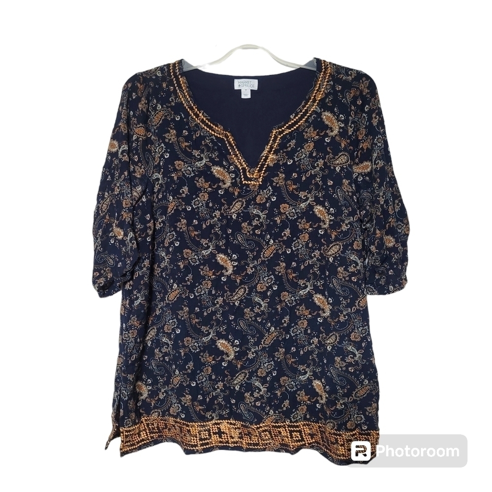 Market And Spruce Navy Blue Boho Paisley Top Women's‎ Size 1X